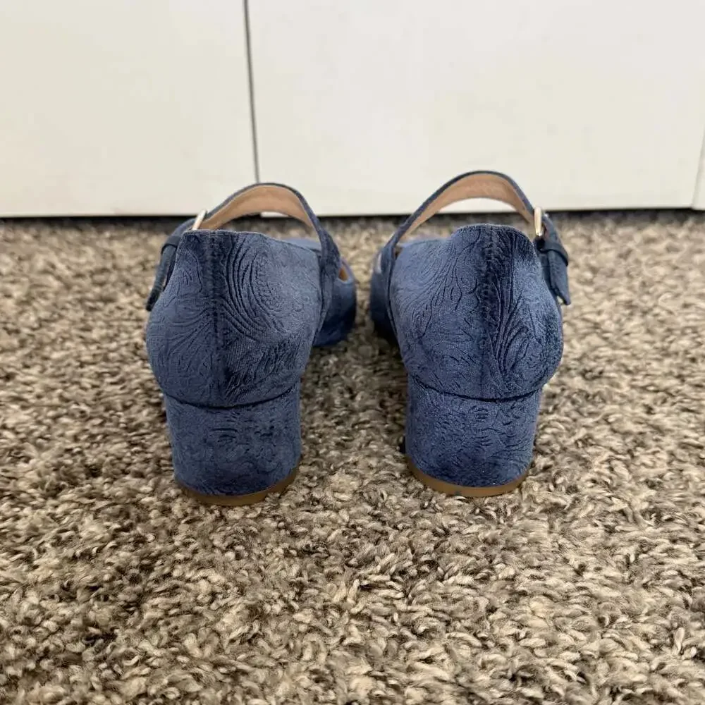Navy Blue Embossed Velour Mary Jane Block Heel